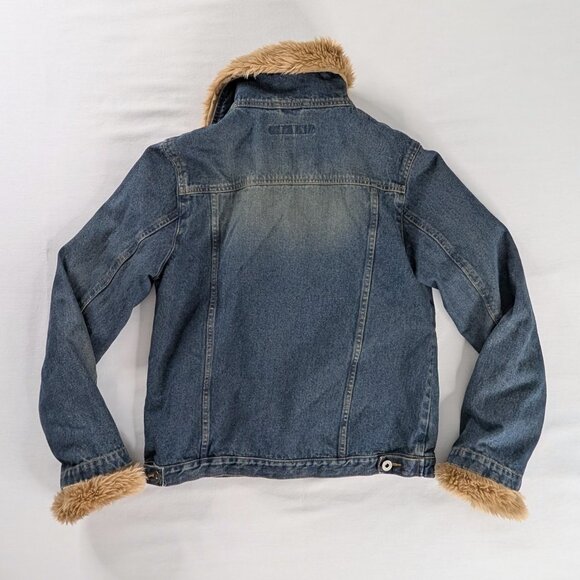 VTG Blue Denim Tan Faux Fur Trim Bleached Denim Trucker Jacket Y2k - Picture 2 of 7